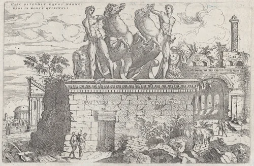 Roman ruins with the horse tamers (Dioscuri) on the Quirinal Hill, plate 36 from "Discorsi Sopra L’Antichita di Roma" by Giovanni Battista Pittoni, print, 1725-1735