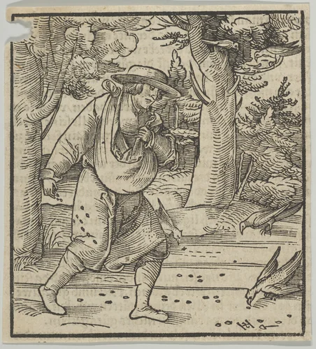 The Birds Eating the Seeds of the Sower, from Hymmelwagen auff dem, wer wol lebt... by Hans Schäufelein, print, 1517