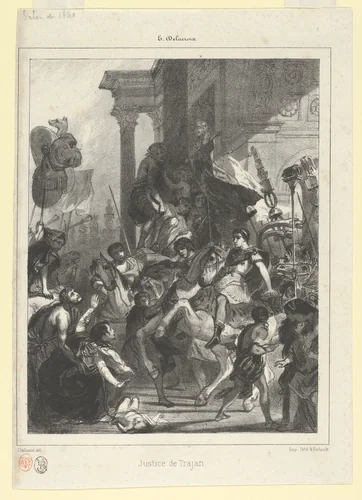 The Justice of Trajan, plate for l'Album des Salons by Jules Robert Pierre Joseph Challamel, print, 1840