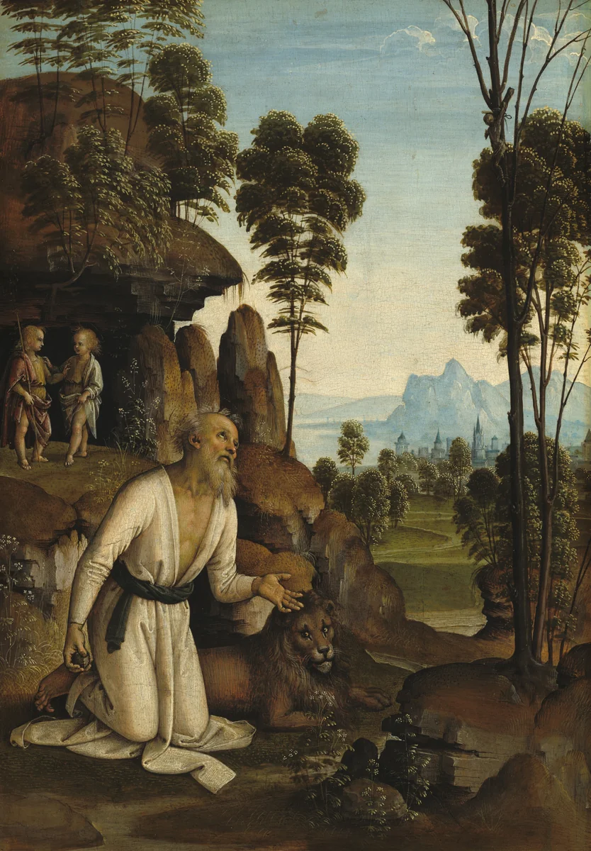 Saint Jerome in the Wilderness by Pietro Perugino, painting, 1490-1500