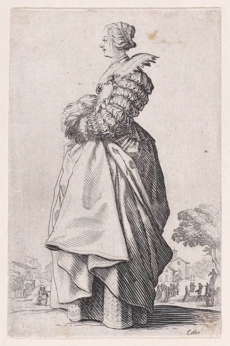 La Dame de Profil Ayant les Mains dans son Manchon (The Lady in Profile Having her Hands inside of her Muff), from "La Noblesse" (The Nobility) by Jacques Callot, print, 1618-1628