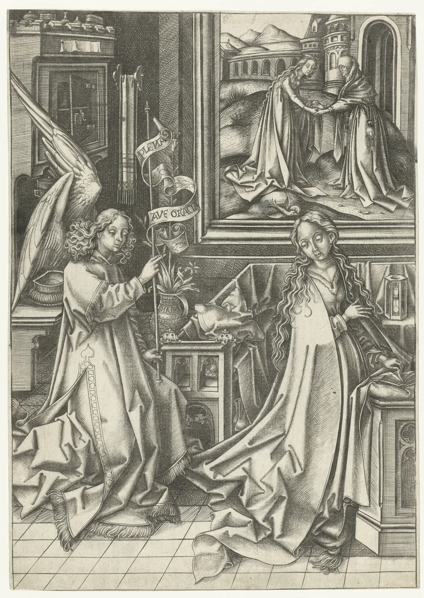 Annunciatie by Israhel van Meckenem, print, 1455-1503