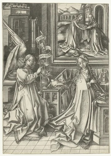 Annunciatie by Israhel van Meckenem, print, 1455-1503
