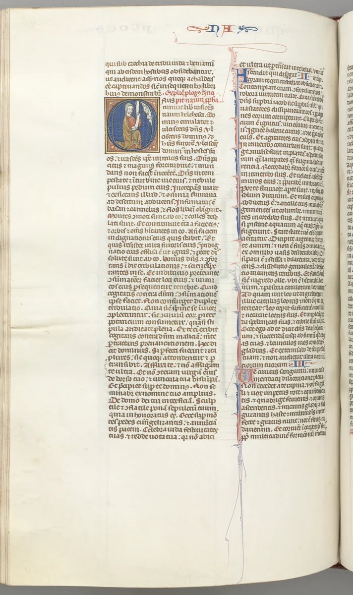 Fol. 360v, Nahum, historiated initial O, Nahum kneeling with a scroll, bust of God above by Unknown, book, 1270-1300