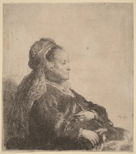 The Artist's Mother Seated, in an Oriental Headdress by Rembrandt van Rijn, print, 1631