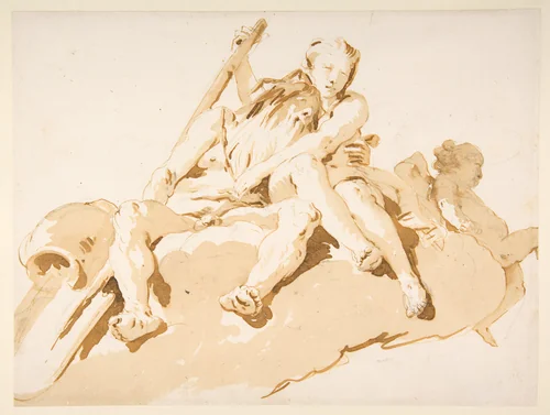 Seated River God, Nymph with an Oar, and Putto by Giovanni Battista Tiepolo, drawing, 1696-1770