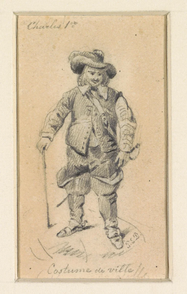 Kostuumstudie van staande ridder by Pierre Emmanuel Dielman, drawing, 1810-1858