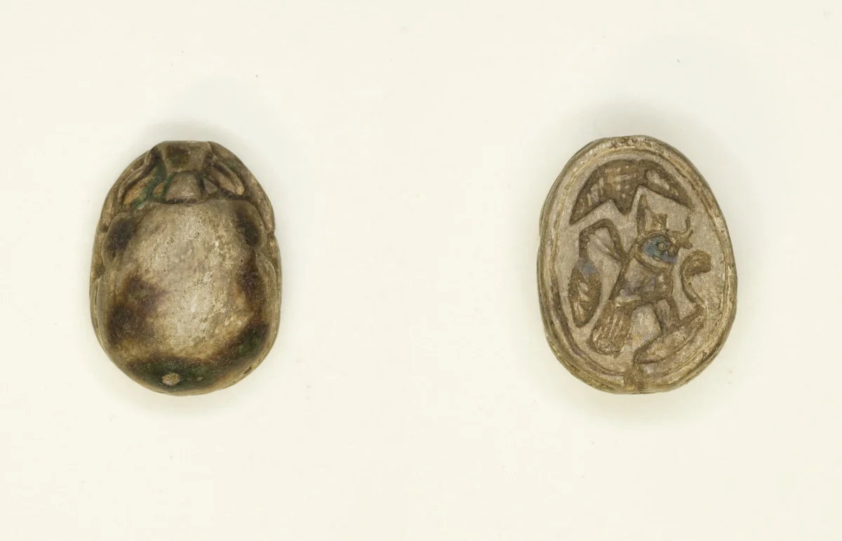 Scarab: Falcon with Red Crown and Cobra (?) by Egyptian, other, -1550--1186