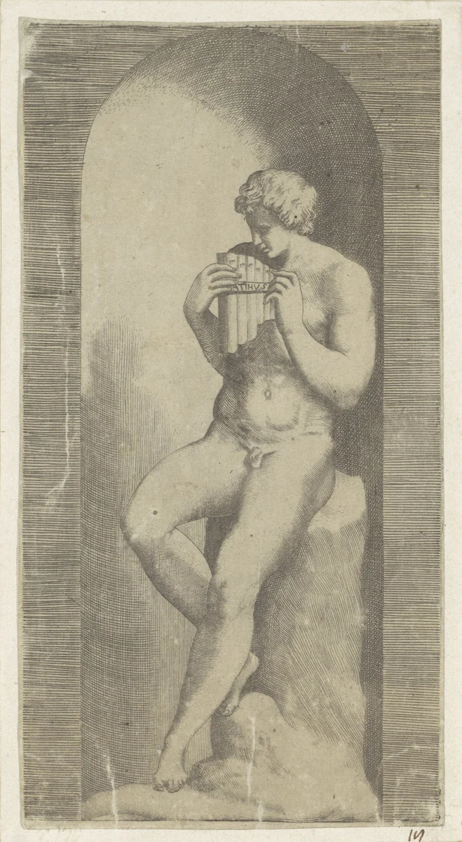 Naakte man met panfluit in een nis by Unknown, print, 1501-1580