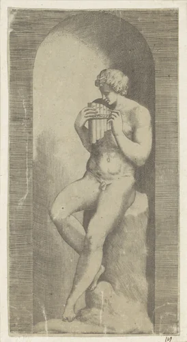 Naakte man met panfluit in een nis by Unknown, print, 1501-1580