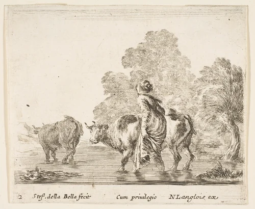 A peasant woman herds two cows across a stream, walking towards the left, plate 2 from "Diversi capricci" by Stefano della Bella, print, 1639-1649