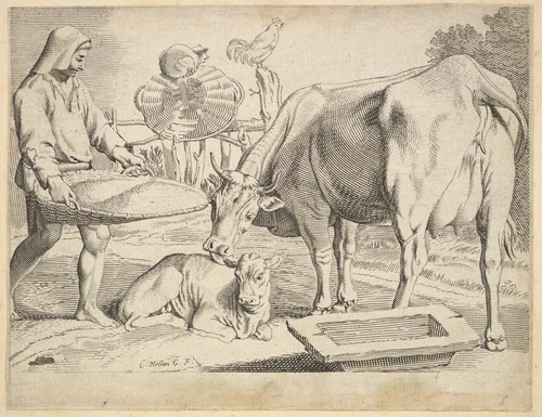 Country Scene with a Peasant, Cow and Calf by Claude Mellan, print, 1600-1688