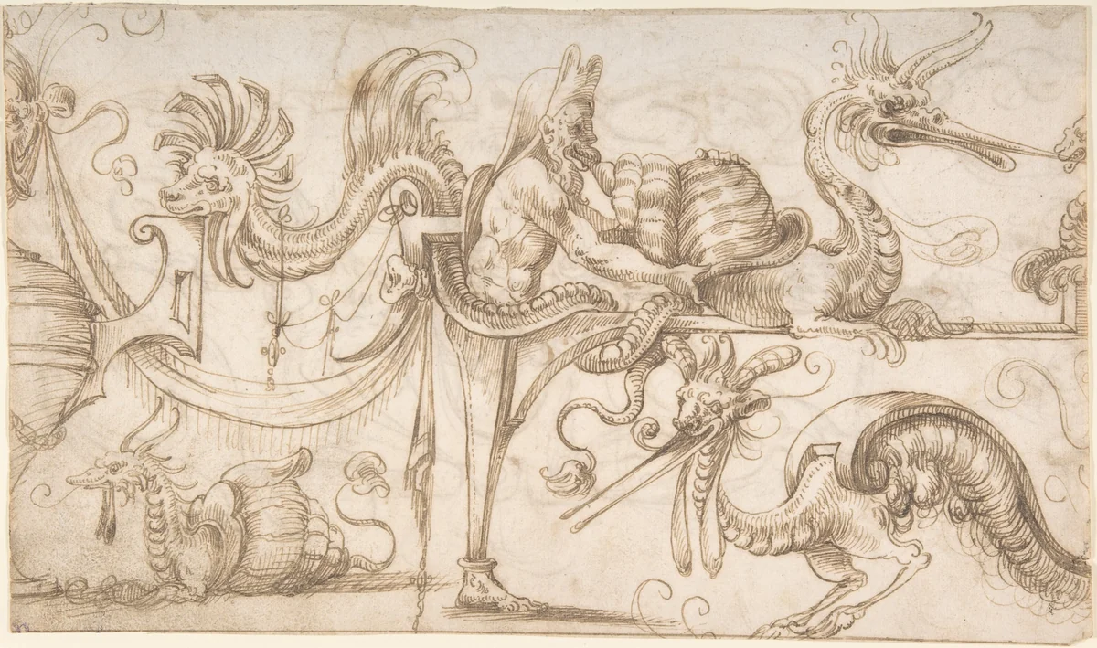 Term with snails and strapwork (recto); Candelabra grotesque with two figures (verso) by Andrés de Melgar, drawing, 1540-1550