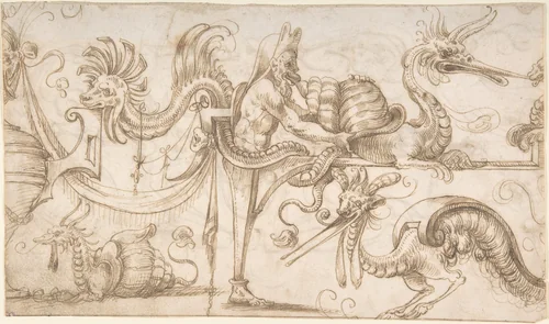 Term with snails and strapwork (recto); Candelabra grotesque with two figures (verso) by Andrés de Melgar, drawing, 1540-1550