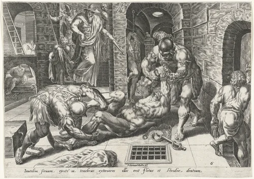 Slechte dienaar in een duistere kerker gegooid by Unknown, print, 1565-1572