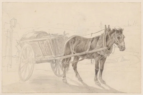 A Cart Drawn by a Brown Horse Near a Lamp Pole; Verso: A Group of Mounted Officers by Johann Adam Klein, drawing, 1815