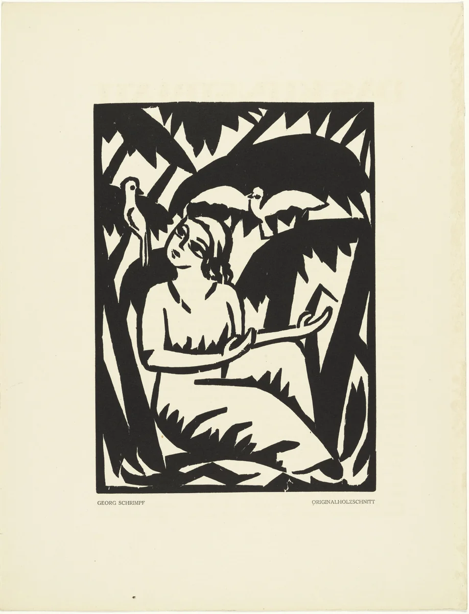 Untitled (Girl with Doves) [Ohne Titel (Mädchen mit Tauben)] (plate, preceding p. 33) from the periodical Das Kunstblatt, vol. 1, no. 2 (Feb 1917) by Georg Schrimpf, print, 1917