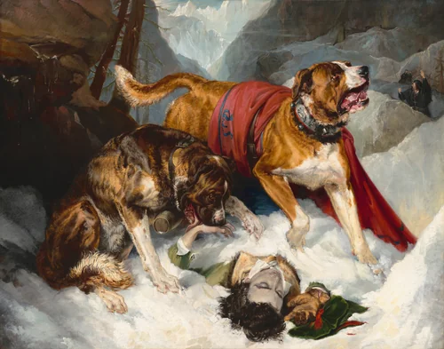 Alpine Mastiffs Reanimating a Distressed Traveler by Sir Edwin Landseer, painting, 1820