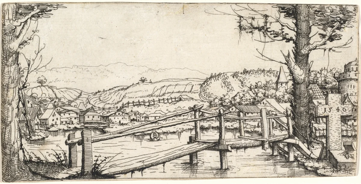 River Landscape with a Footbridge by Augustin Hirschvogel, print, 1546