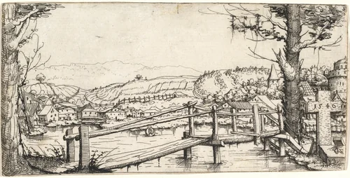 River Landscape with a Footbridge by Augustin Hirschvogel, print, 1546
