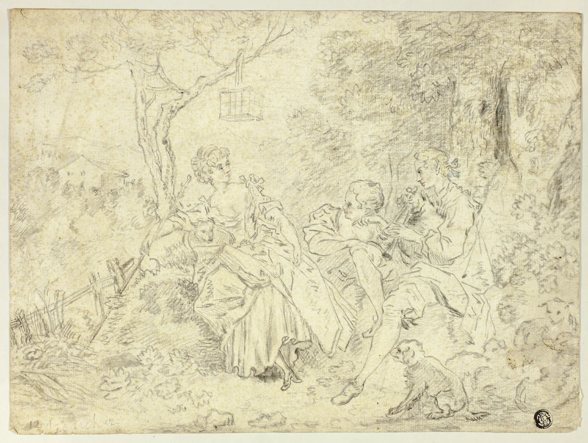 Shepherdesses and Young Man Playing Bagpipe by François Boucher, drawing, 1723-1779