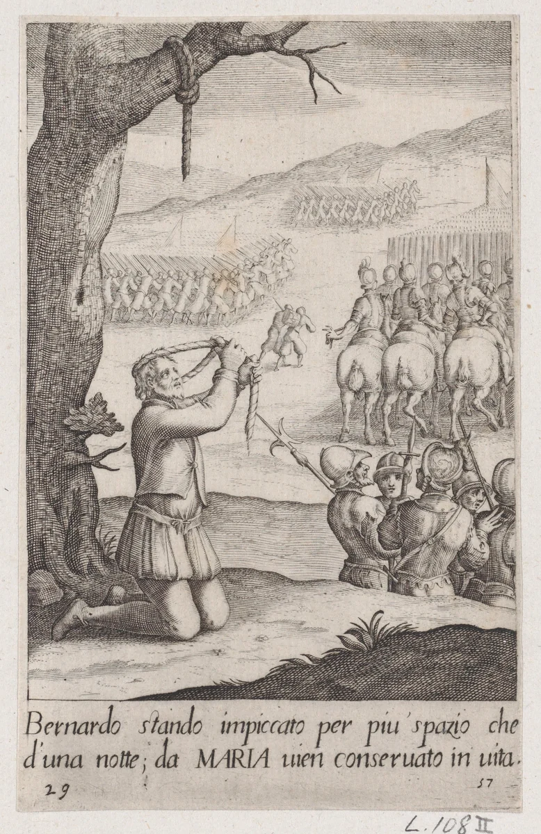 Bernardo, from Scelta d'Alcuni Miracoli e Grazie della Santissima Nunziata di Firenze (Selection of Some Miracles and Graces that Occurred in the Church of the Annunziata in Florence) by Jacques Callot, print, 1611-1619