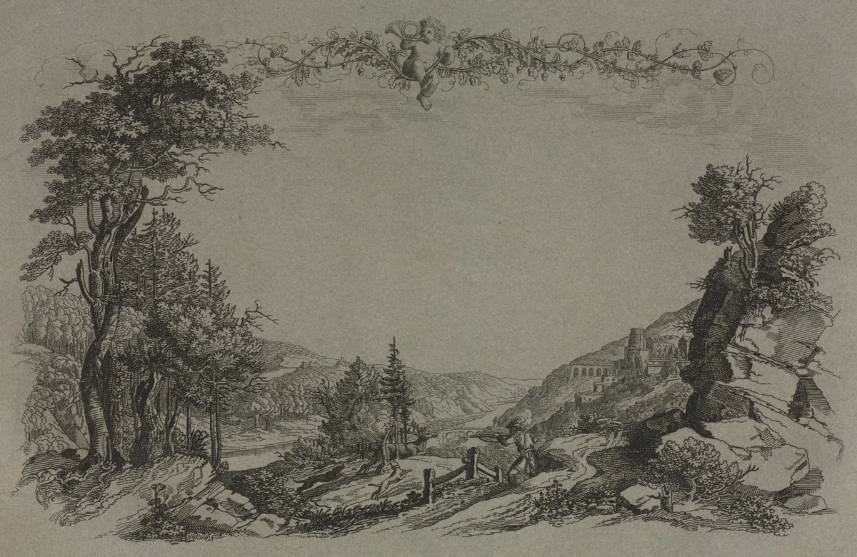 Six Views of Heidelberg Castle: Cover, Hunting Scene by Ernst Fries, print, 1820