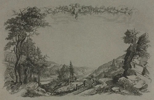 Six Views of Heidelberg Castle: Cover, Hunting Scene by Ernst Fries, print, 1820