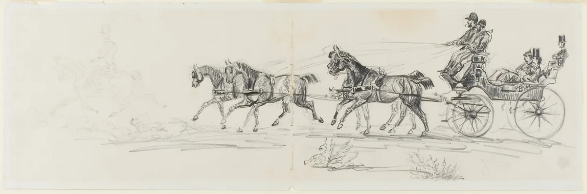Horse-Drawn Carriage Preceded by Single Rider (recto); Man Riding Horse with a Blanket and Sketches of Heads, Horses and Triumphal Arch (verso) by Henri de Toulouse-Lautrec, drawing, 1884-1901