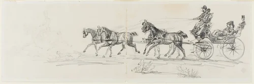 Horse-Drawn Carriage Preceded by Single Rider (recto); Man Riding Horse with a Blanket and Sketches of Heads, Horses and Triumphal Arch (verso) by Henri de Toulouse-Lautrec, drawing, 1884-1901