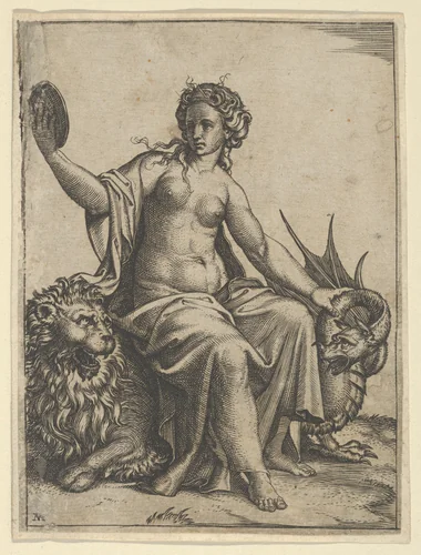 Prudence as a young woman, sitting on a lion and holding the neck of a dragon with her left hand, holding a mirror in her right hand by Marcantonio Raimondi, print, 1505-1515