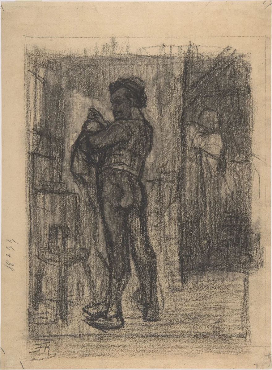 Standing man with beer mugs by Félicien Rops, drawing, 1833-1898