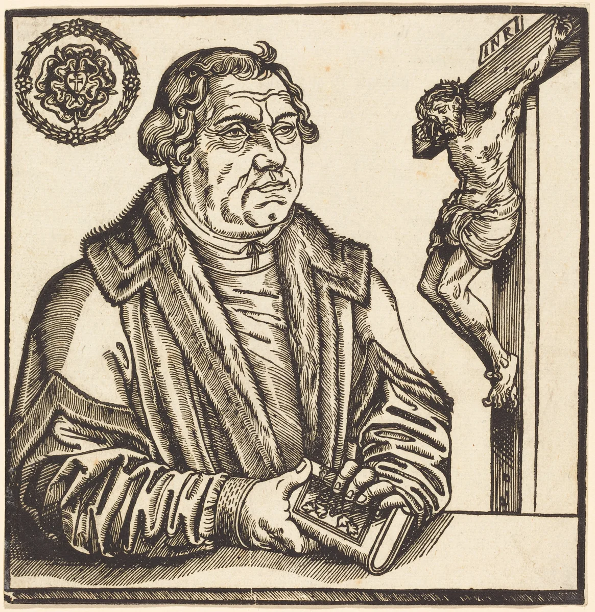 Martin Luther, Half-Length to the Left with a Book in his Hands by Lucas Cranach the Younger, print, 1500-1599