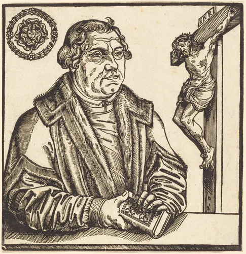 Martin Luther, Half-Length to the Left with a Book in his Hands by Lucas Cranach the Younger, print, 1500-1599