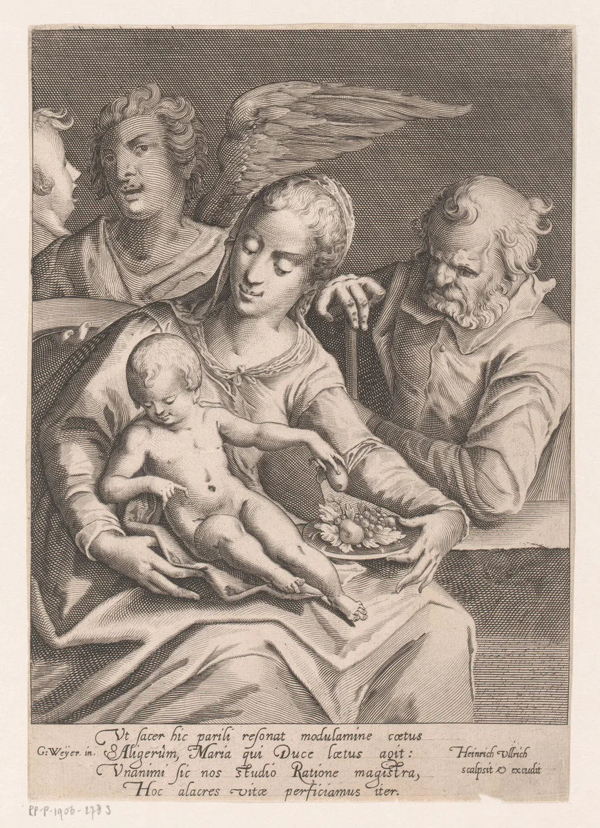 Heilige familie met engelen by Unknown, print, 1586-1671