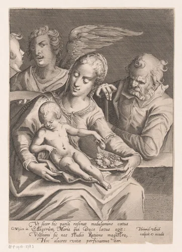 Heilige familie met engelen by Unknown, print, 1586-1671