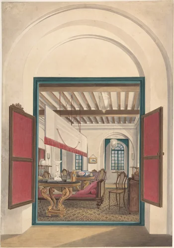 English Interior in India by anonymous, drawing, 1820-1830