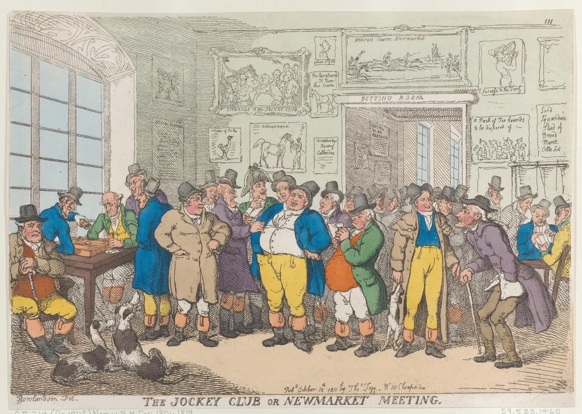 The Jockey Club or Newmarket Meeting by Thomas Rowlandson, print, 1811