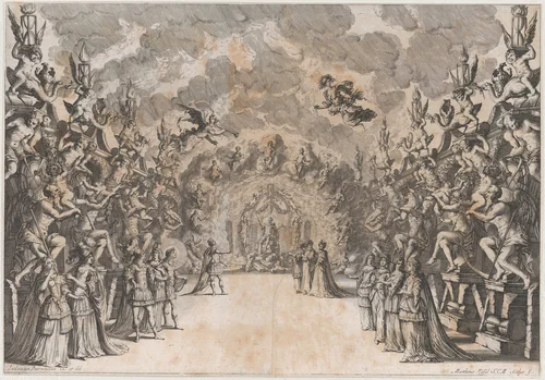 The Seat of Saturn; Saturn at center, seated on a throne of rubble, conversing with a king and three men who stand before him; lining the walls on each side are four figures of Saturn devouring children; set design from 'La Monarchia Latina Trionfante' by Mathäus Küsel, print, 1678