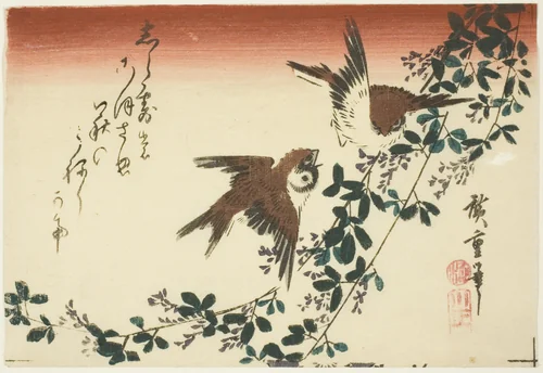 Sparrows and bush clover by Utagawa Hiroshige (歌川広重), print, 1830-1839