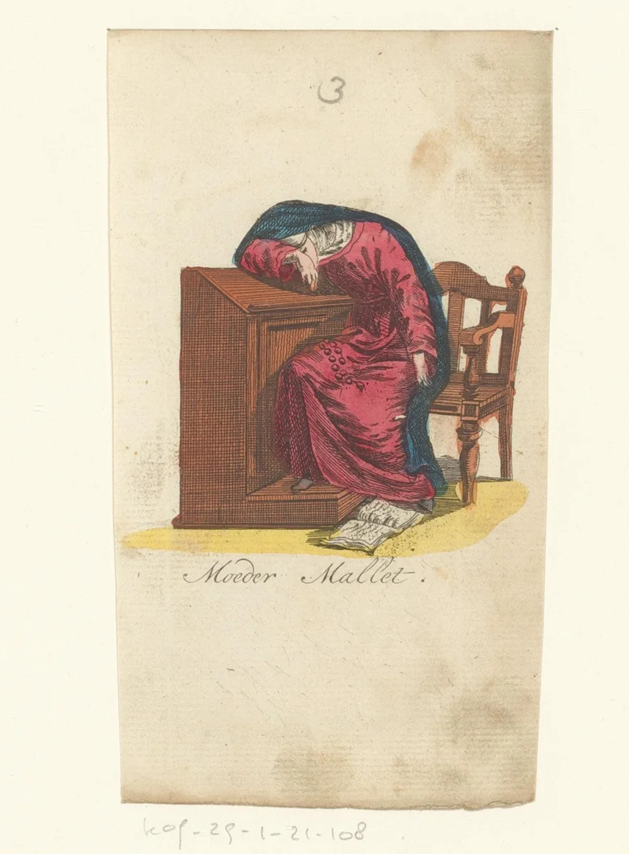 Vrouw slaapt op een bureau by anonymous, print, 1793-1800