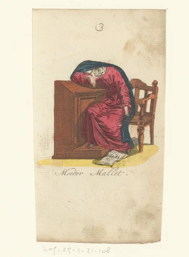 Vrouw slaapt op een bureau by anonymous, print, 1793-1800