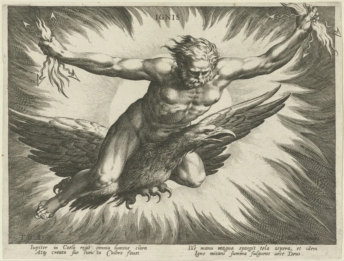 Vuur gepersonifieerd door de god Jupiter by Unknown, print, 1587