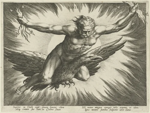 Vuur gepersonifieerd door de god Jupiter by Unknown, print, 1587