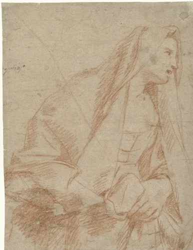 Staande vrouw, naar rechts, met een doek over het hoofd by Giovanni Segala, drawing, 1643-1720