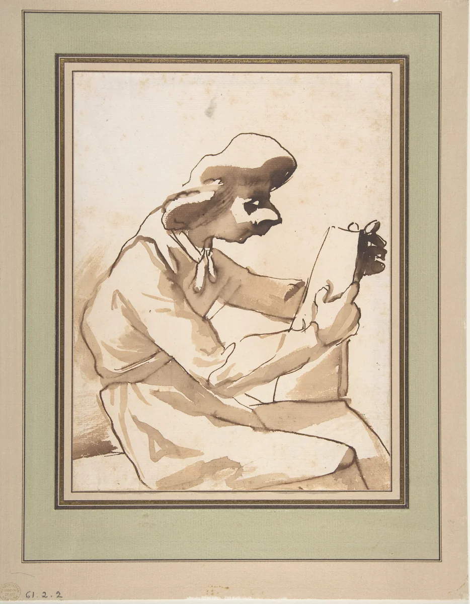 Caricature of a Seated Man Reading by Pier Francesco Mola, drawing, 1612-1666