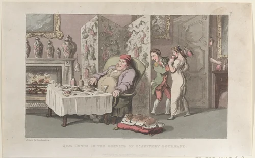 Quae Genus, in the Service of Sr. Jeffery Gourmand by Thomas Rowlandson, print, 1821