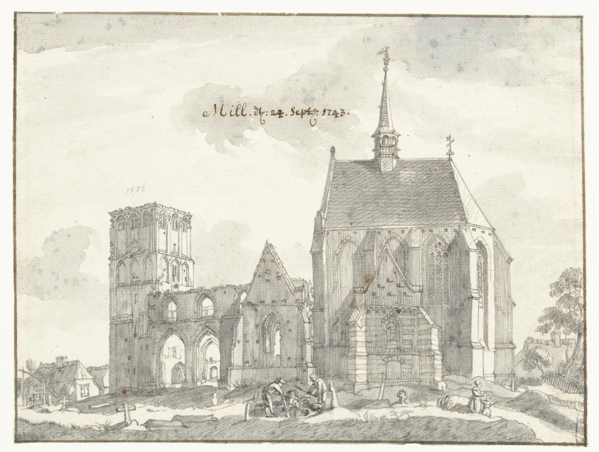Ruïne van de kerk te Mill by Jan de Beijer, drawing, 1743