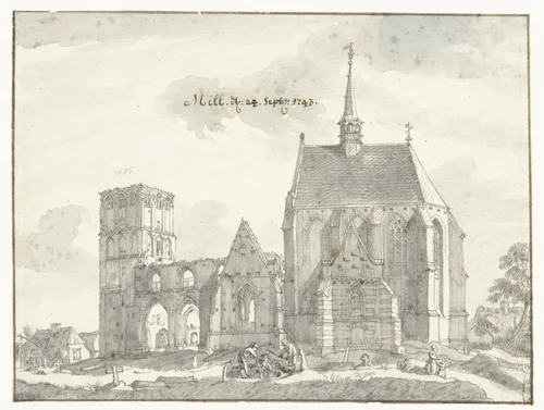 Ruïne van de kerk te Mill by Jan de Beijer, drawing, 1743