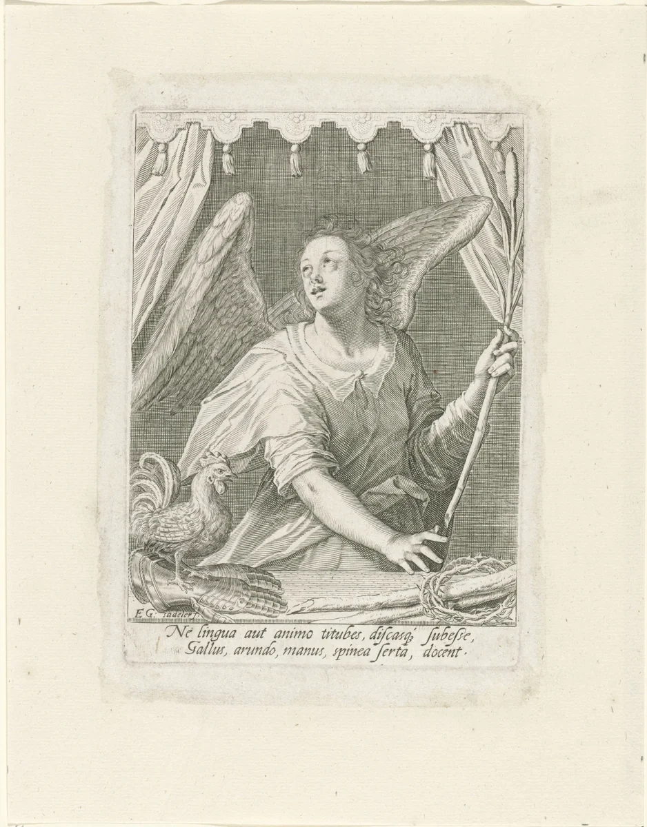 Engel met de rietstengel, de haan en de doornenkroon by Unknown, print, 1580-1629